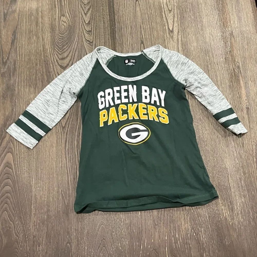 NFL Green Bay Packers 3/4 Sleeve T-Shirt Scoop Neck Pullover Green Gray Size S